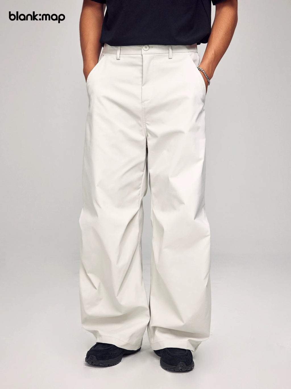 Blank Map Elastic Waist Casual Loose Pleated Wide Leg Pants