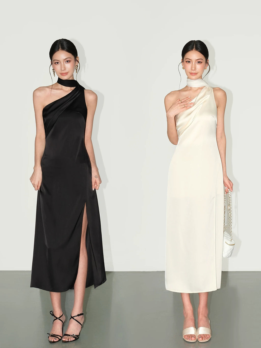 NEVA HU Temperament Satin Slanted Shoulder Streamer Dress