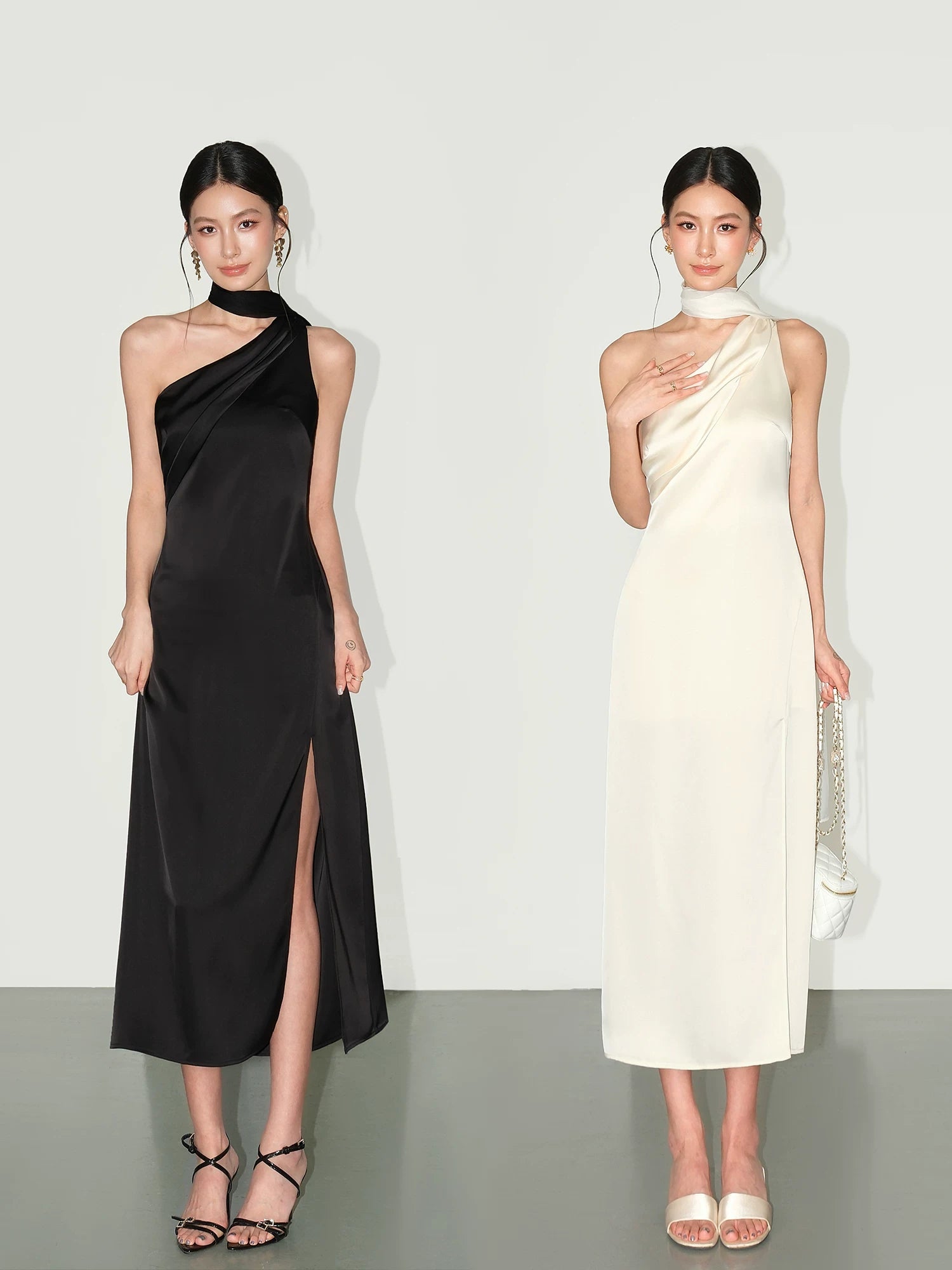 NEVA HU Temperament Satin Slanted Shoulder Streamer Dress