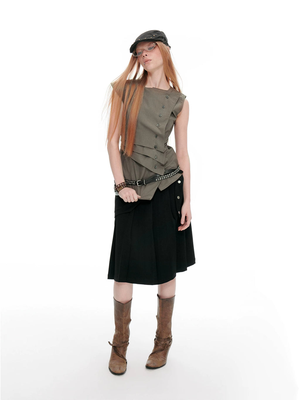 JIKOO Diagonal-breasted Waist-pleated Sleeveless Shirt