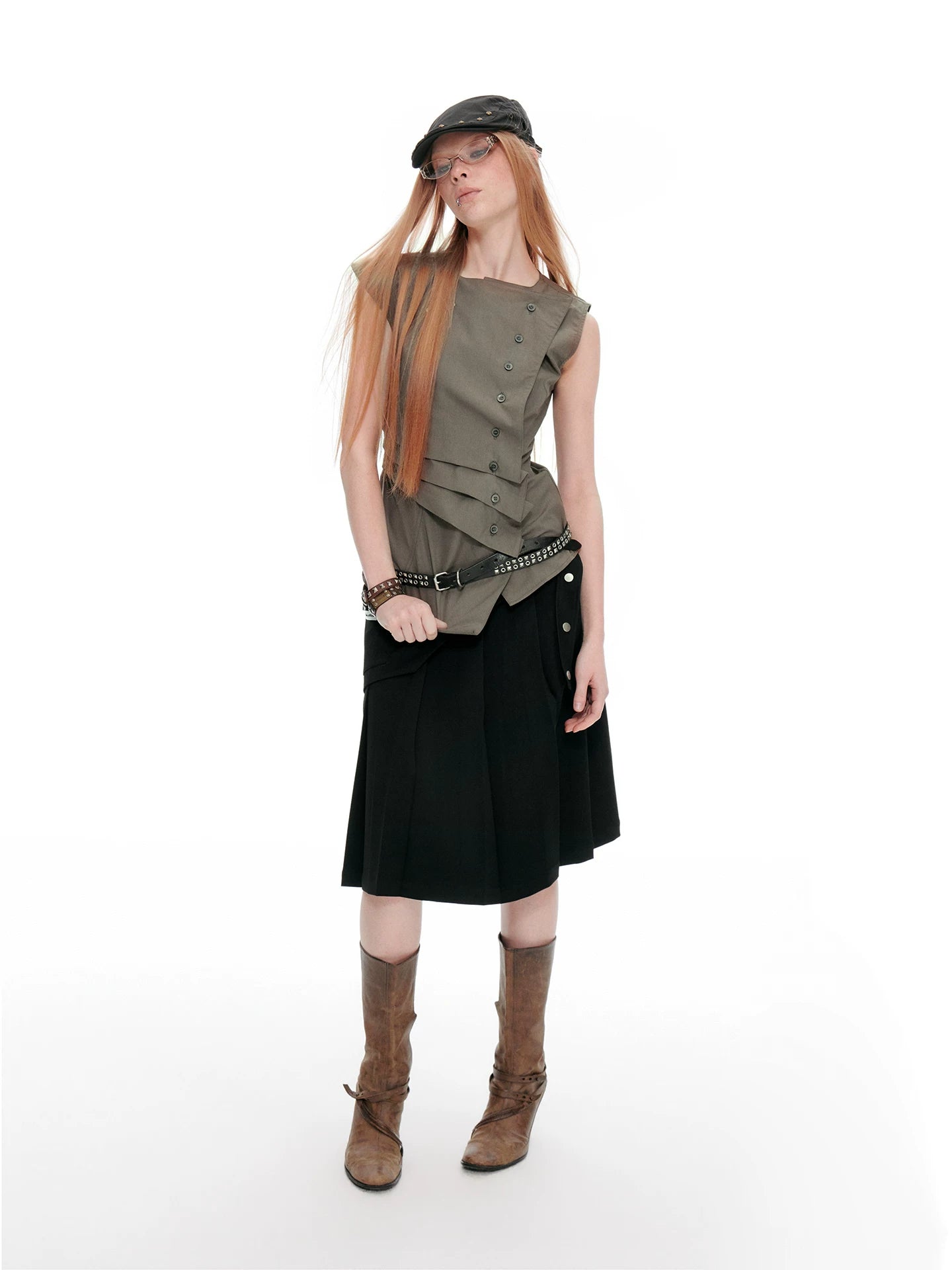 JIKOO Diagonal-breasted Waist-pleated Sleeveless Shirt