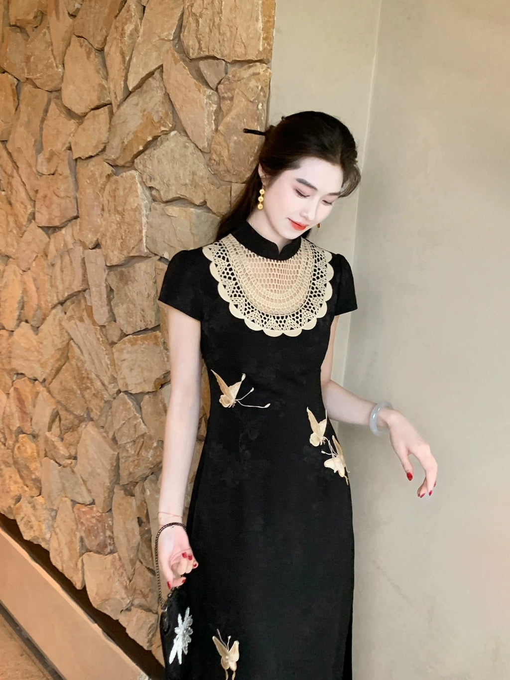 ZIHE Retro Satin Butterfly Dress