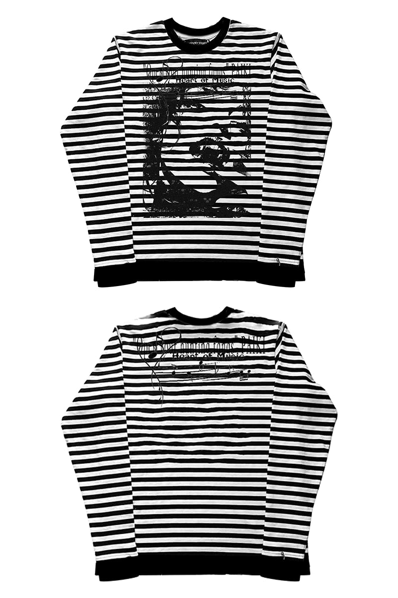 PAIKI "Black and White Striped Portrait Crew Neck Sweater"
