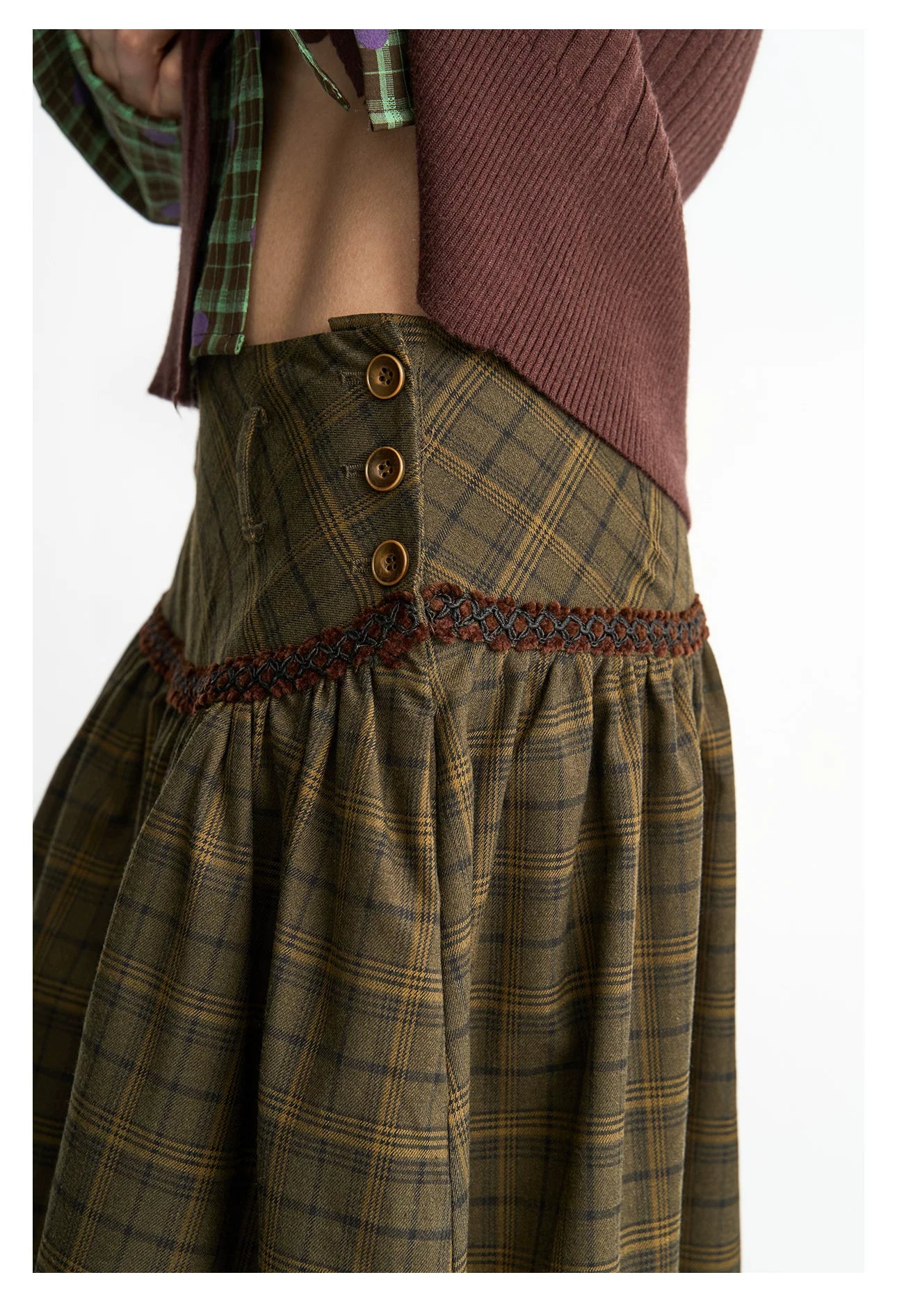 Enteralt Checked Pleated Handmade Flower Slim Umbrella Skirt Set