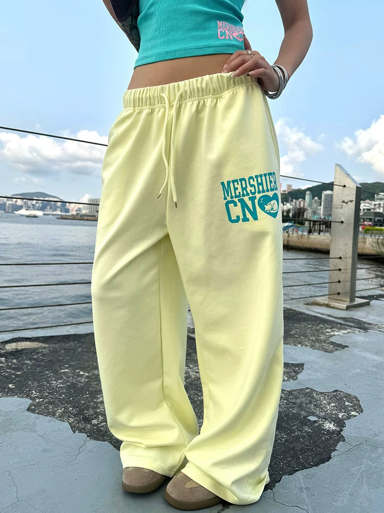 EAHO Lazy Letter Print Drawstring Casual Sweatpants