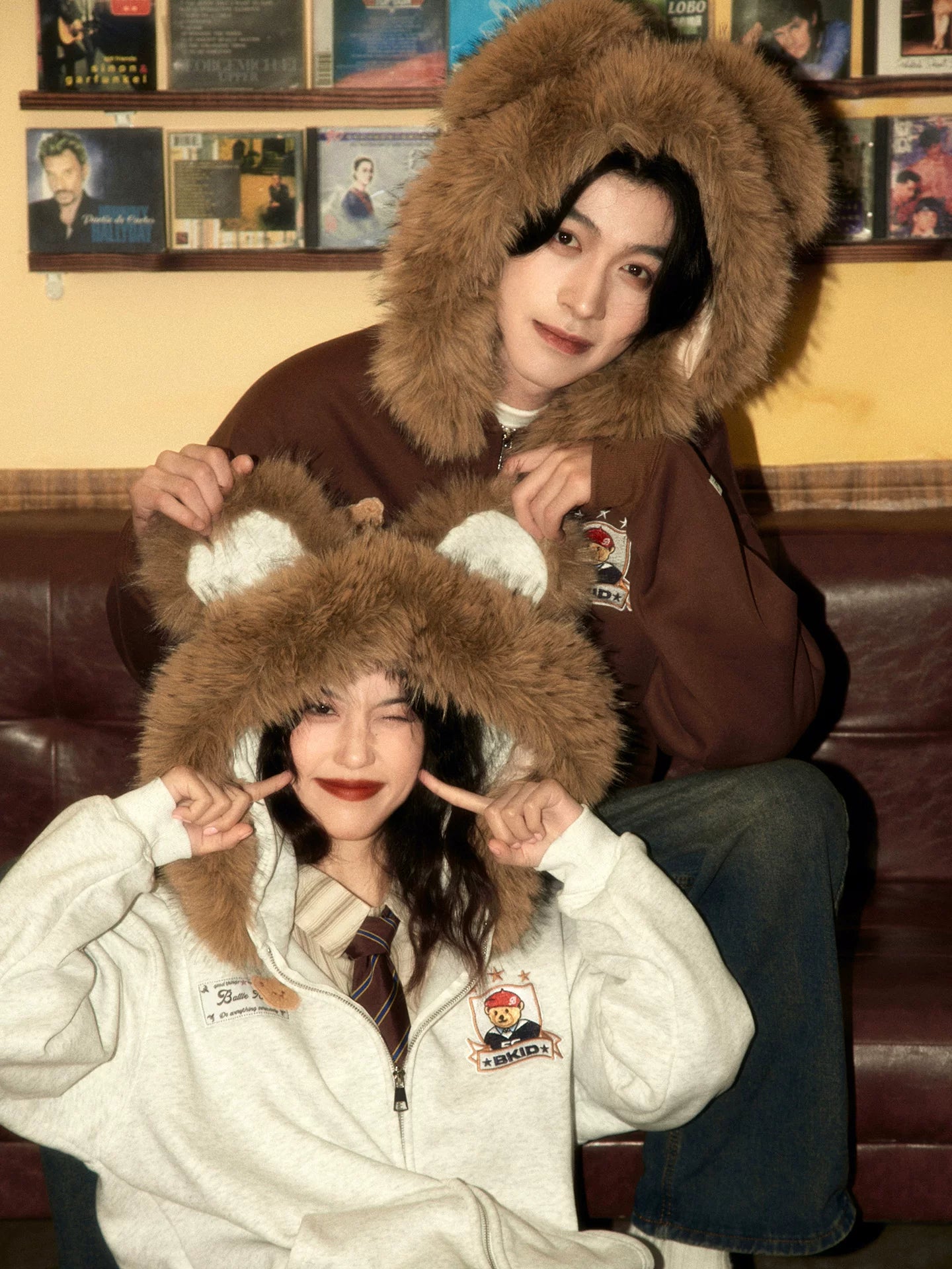 ALOHA Removable Fur Collar Bear-eared Hooded Fleece Sweater