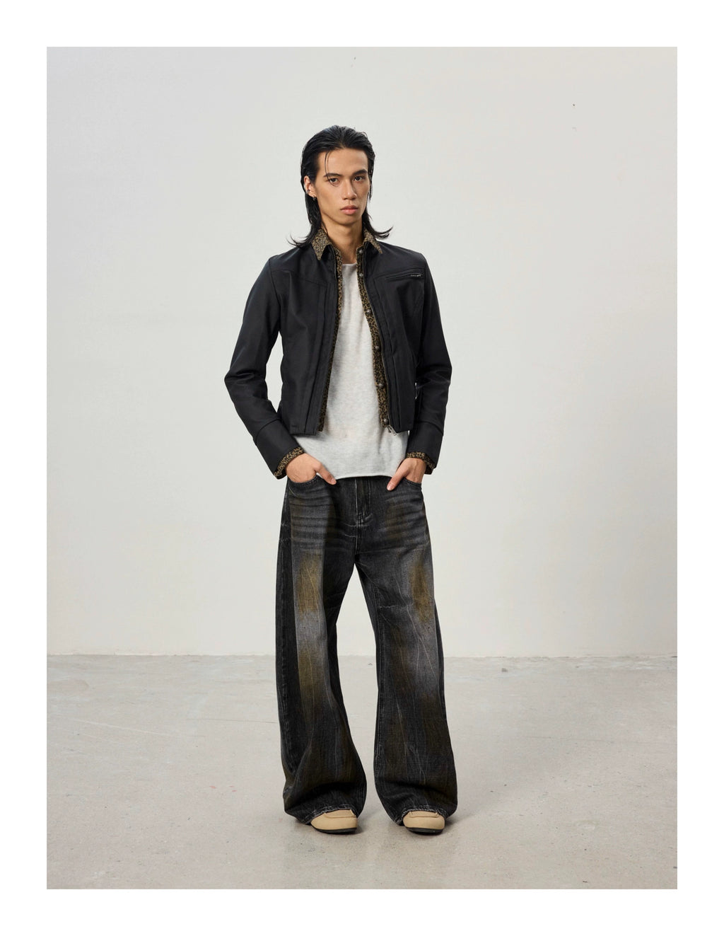 BTSG Short Fake Two-piece Leopard Print Spliced Jacket