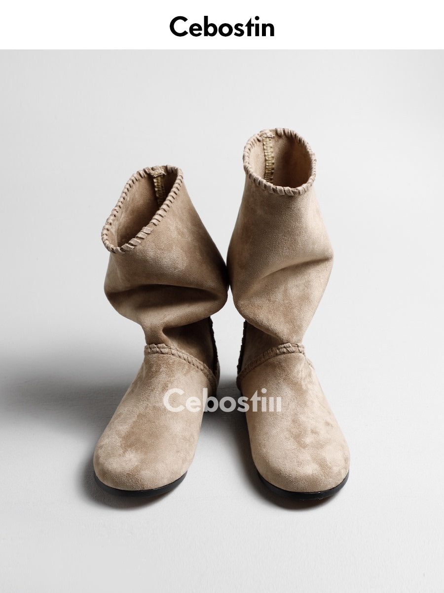 Cebostin Anti-fleece Leather Retro Flat-bottomed High Boots
