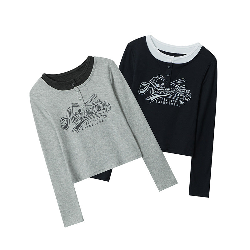 Nariele Fake Two-Letter Design Slim-Fit Long-Sleeve T-Shirt Top