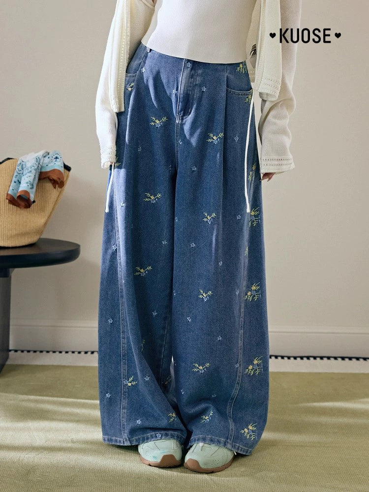 Kuose Embroidered Floral Wide-leg Jeans