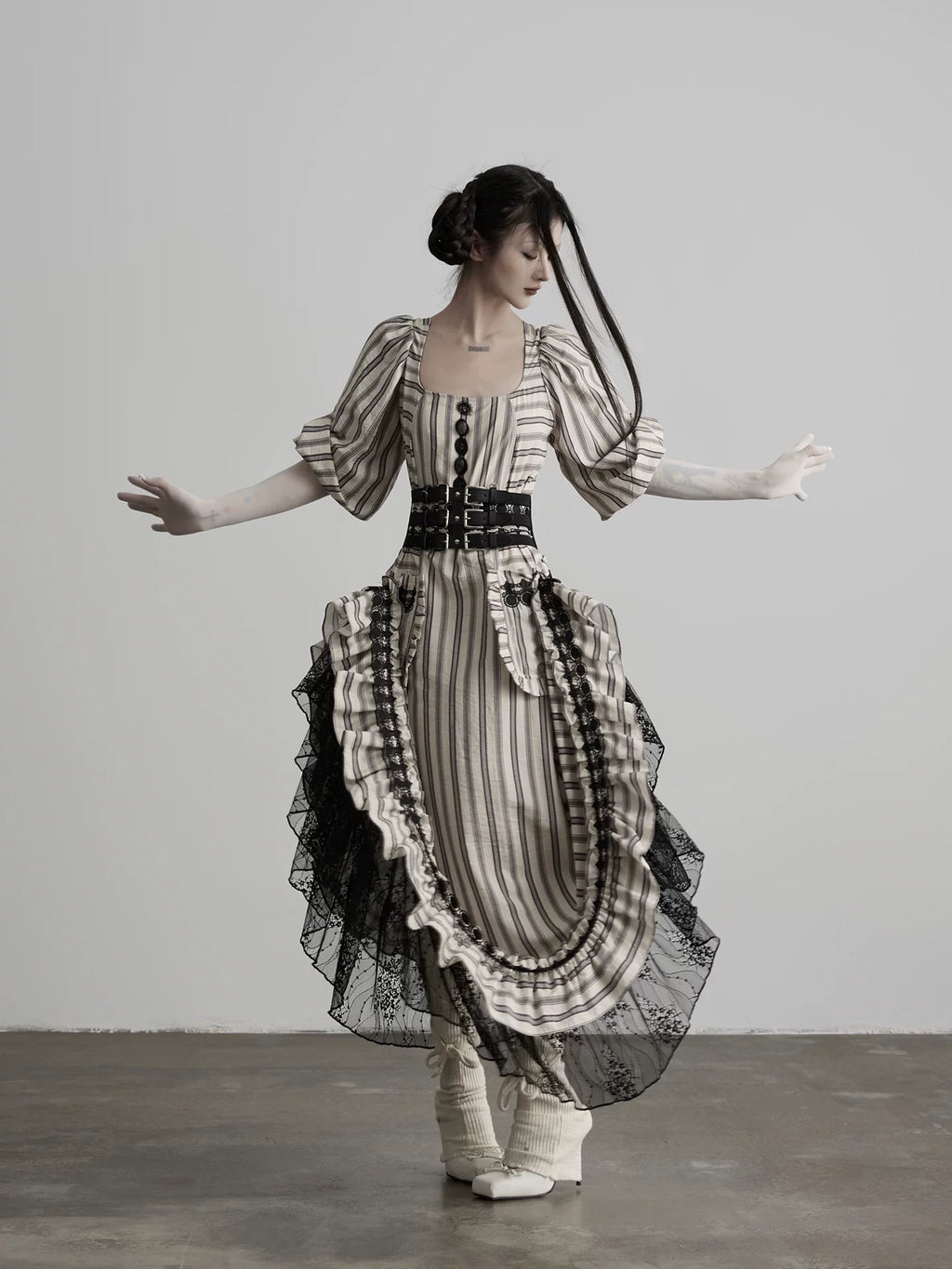 INDULGE Striped Square Neck Lace Patchwork Dress