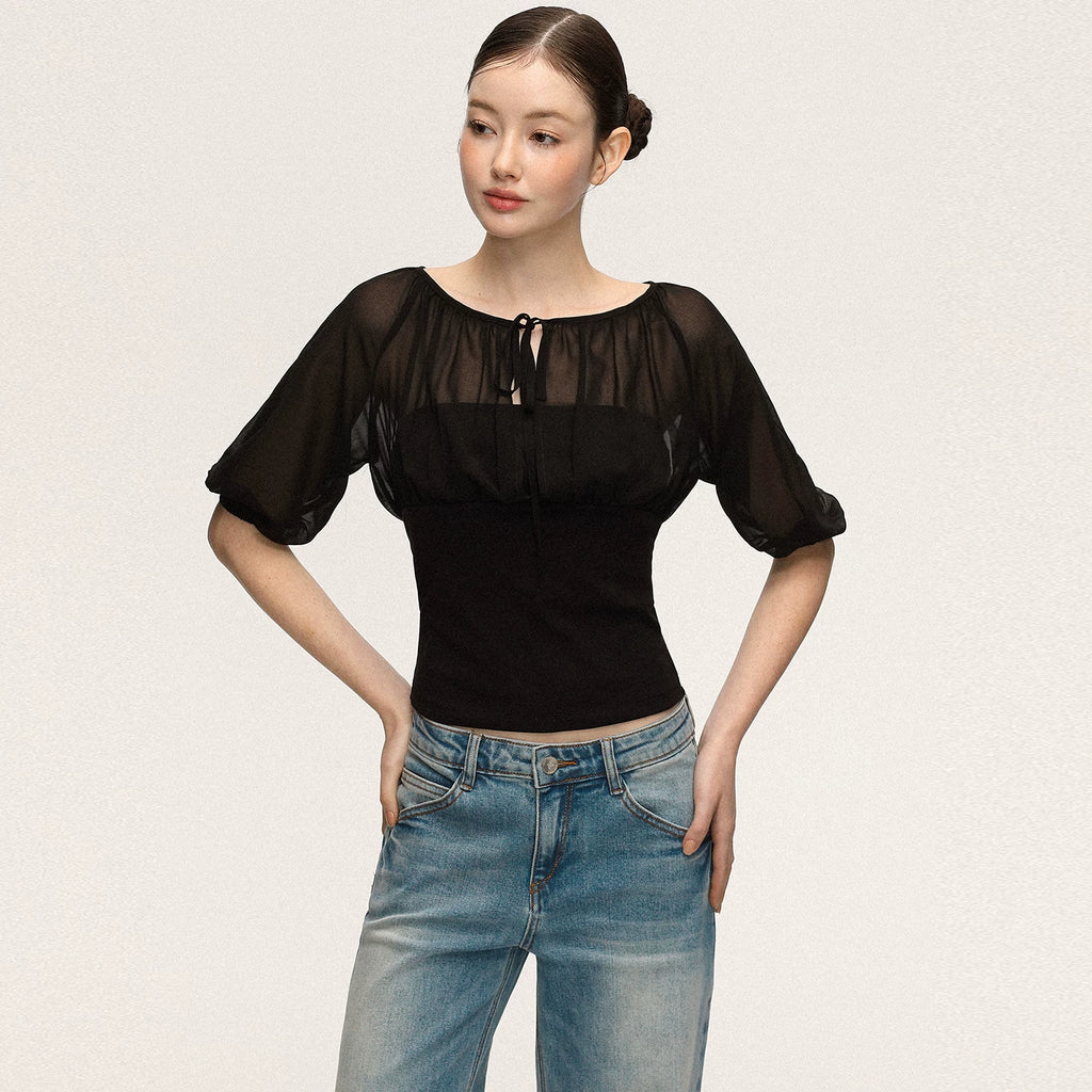 Anna Aneae Mesh Stitching Lace-up Waist and Thin Tee