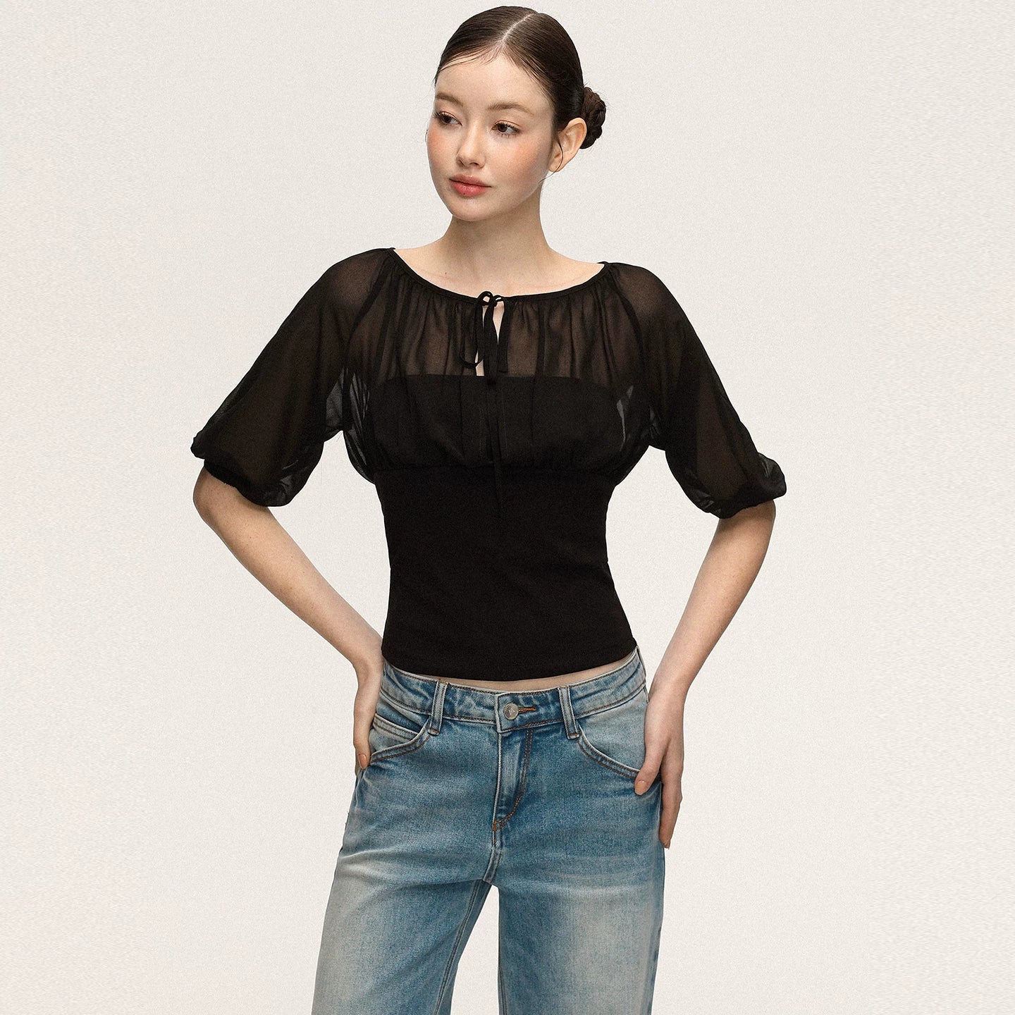 Anna Aneae Mesh Stitching Lace-up Waist and Thin Tee