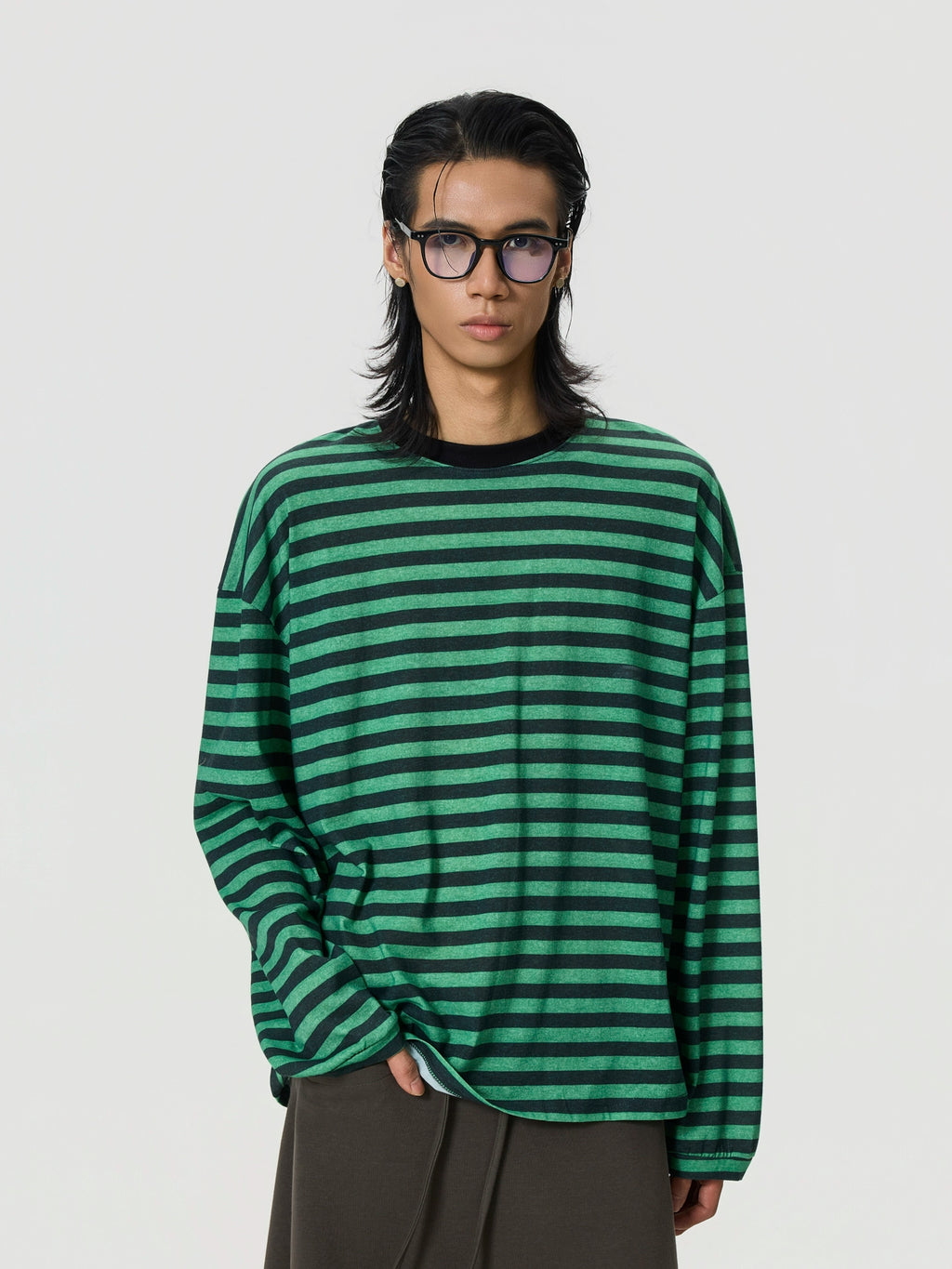 BTSG Vintage Loose Shoulder Black Green Striped Long Sleeve