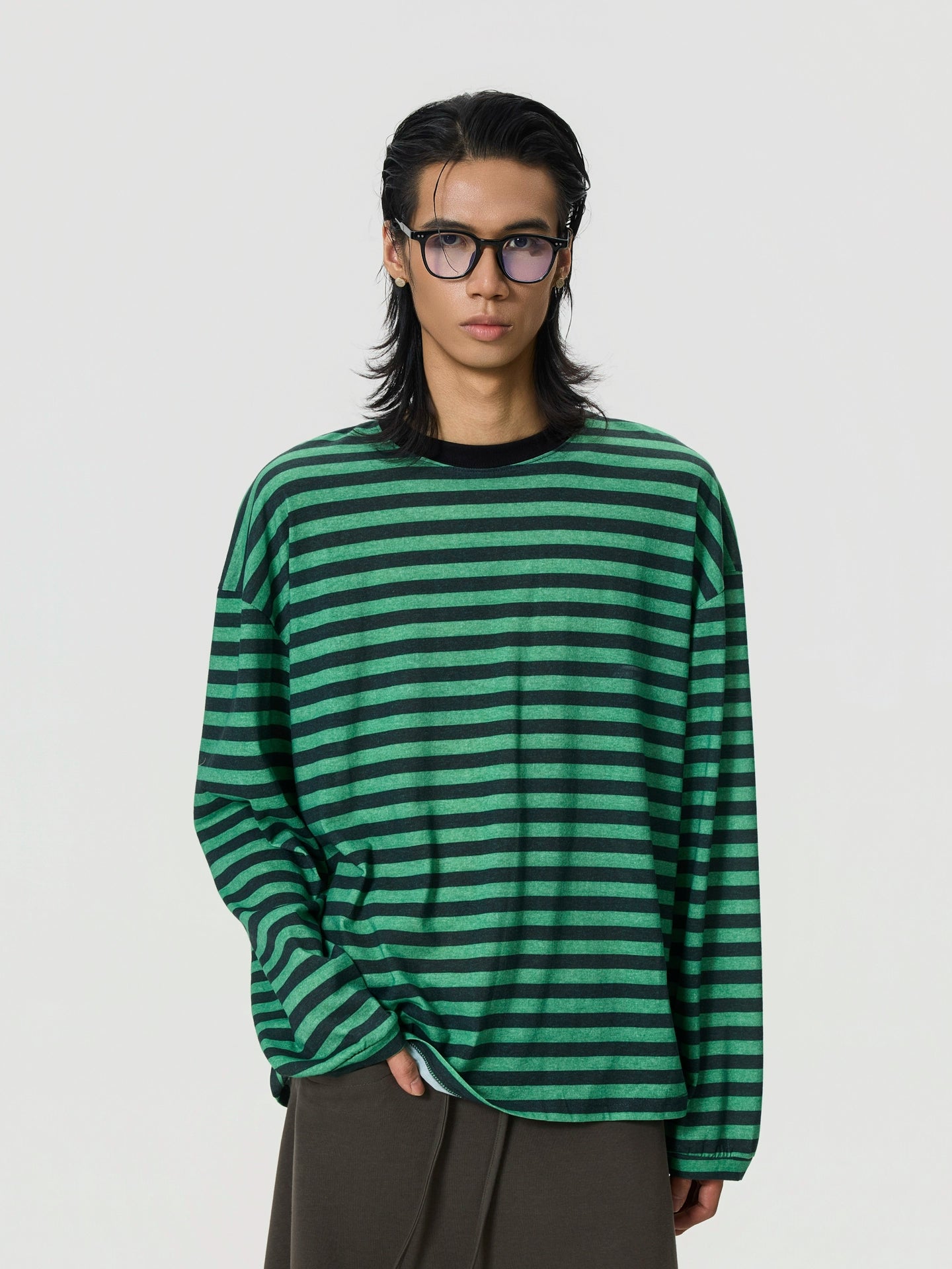 BTSG Vintage Loose Shoulder Black Green Striped Long Sleeve