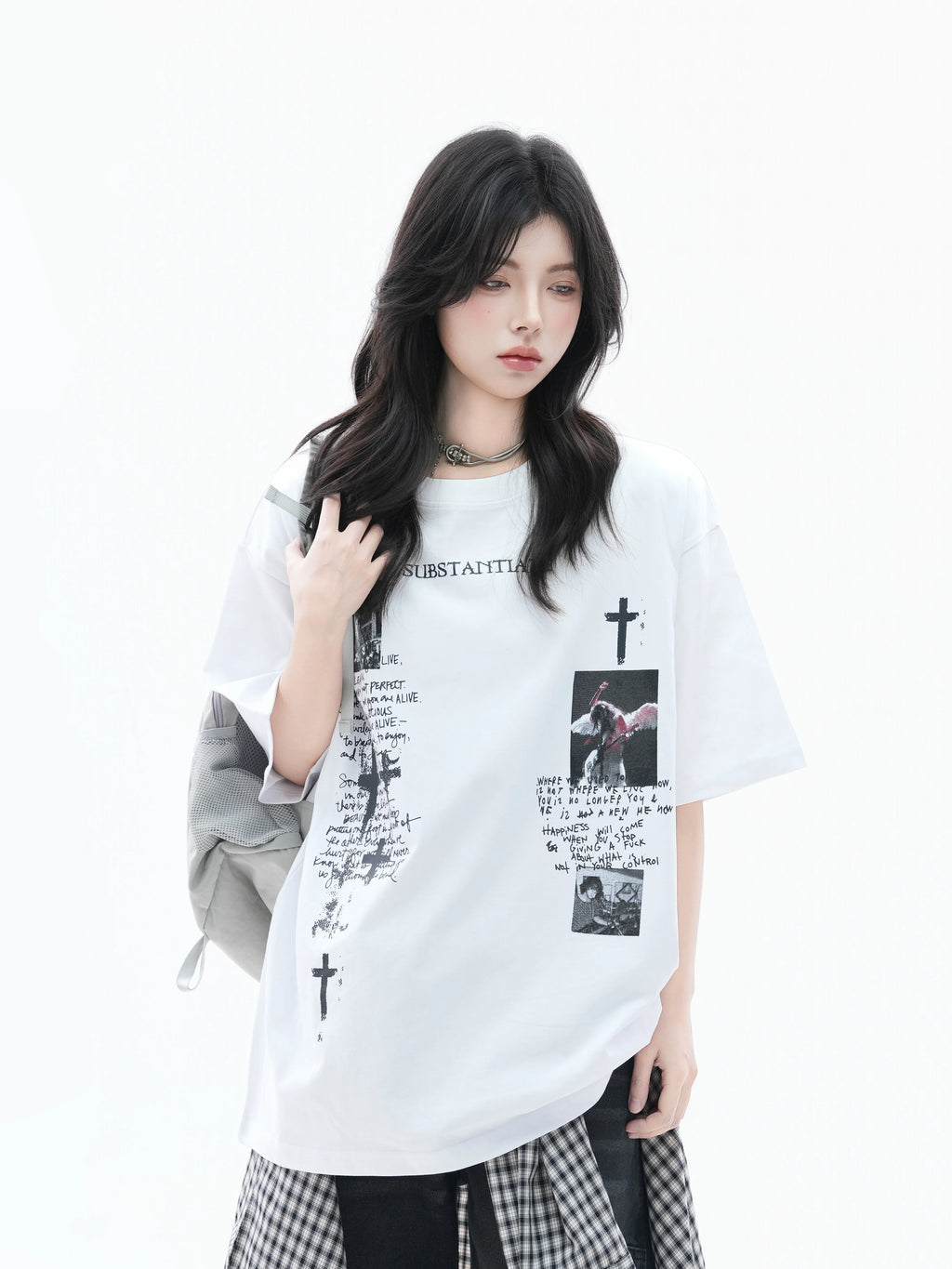 Zuocisankon Cross Printed Loose Tee