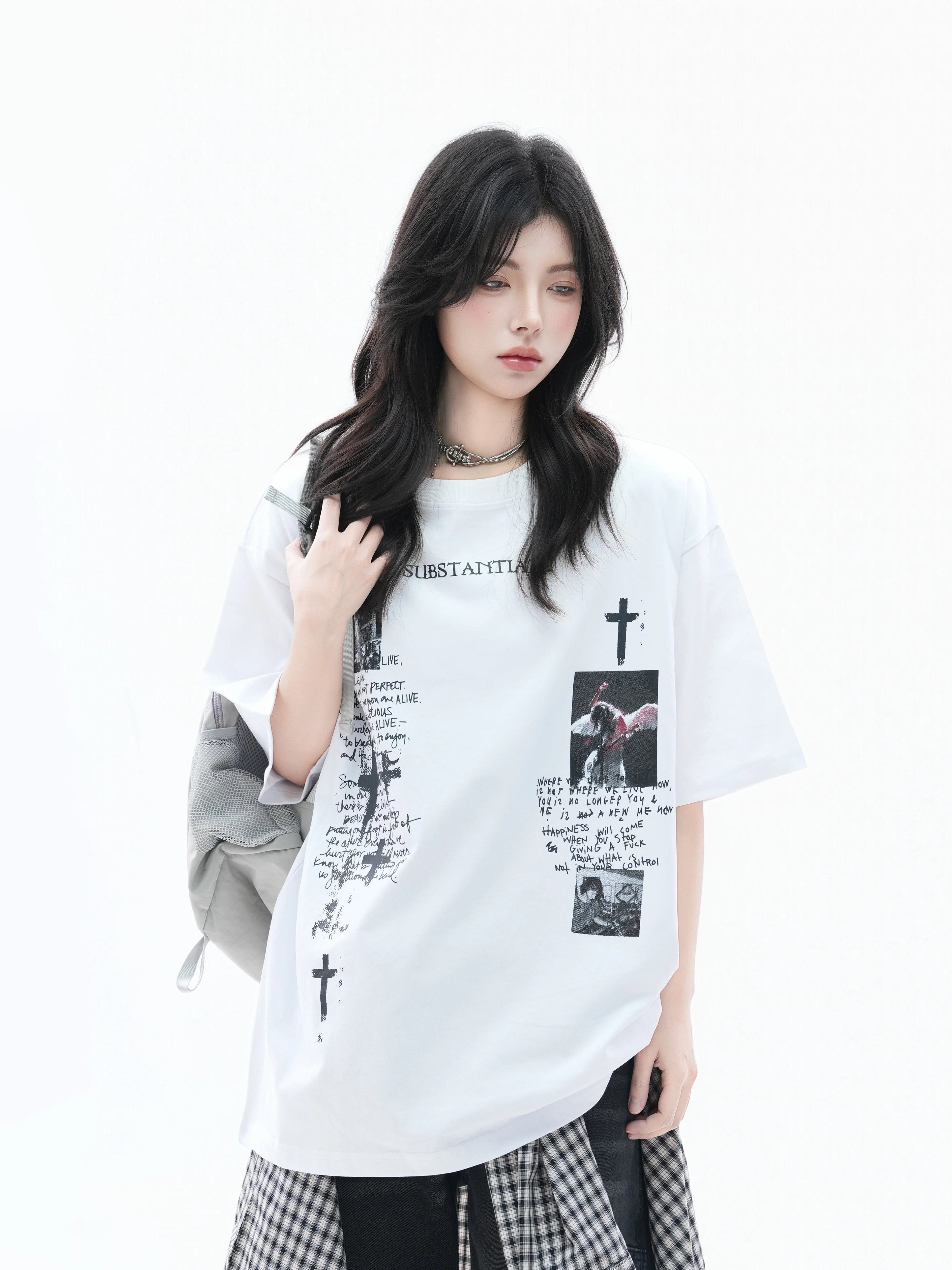 Zuocisankon Cross Printed Loose Tee