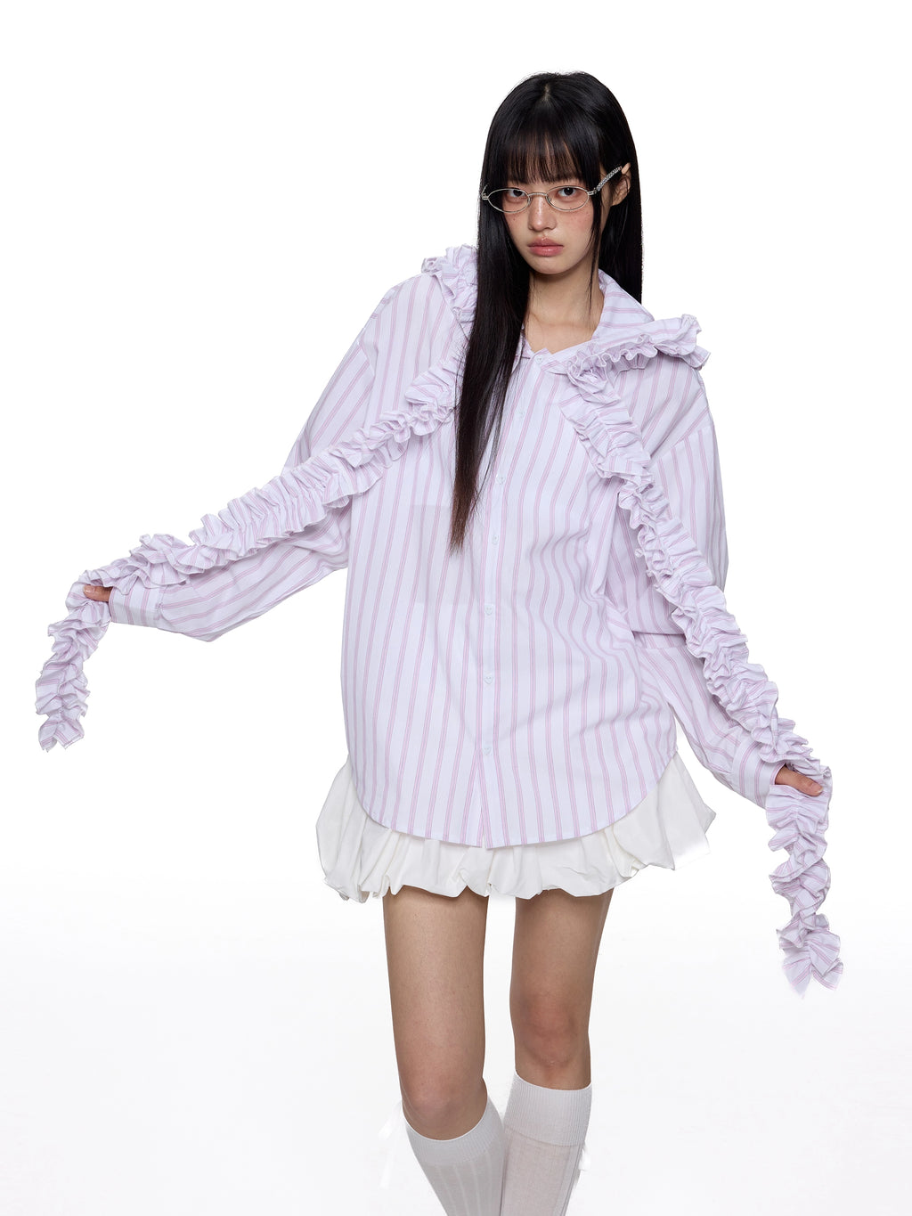EZEK Striped Pleated Fringed Hooded Long-sleeved Shirt