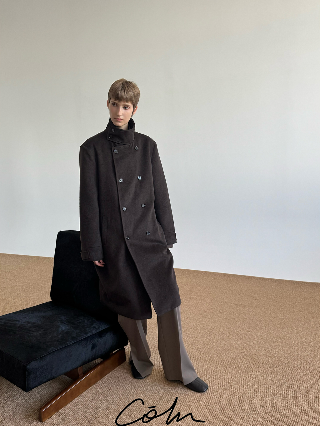 COLN Wool Double-breasted Stand-up Coat