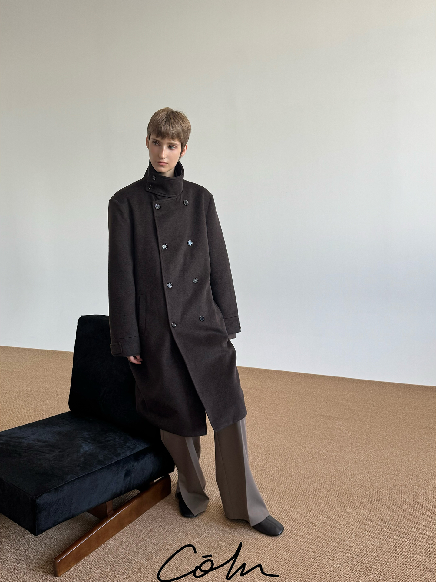 COLN Wool Double-breasted Stand-up Coat