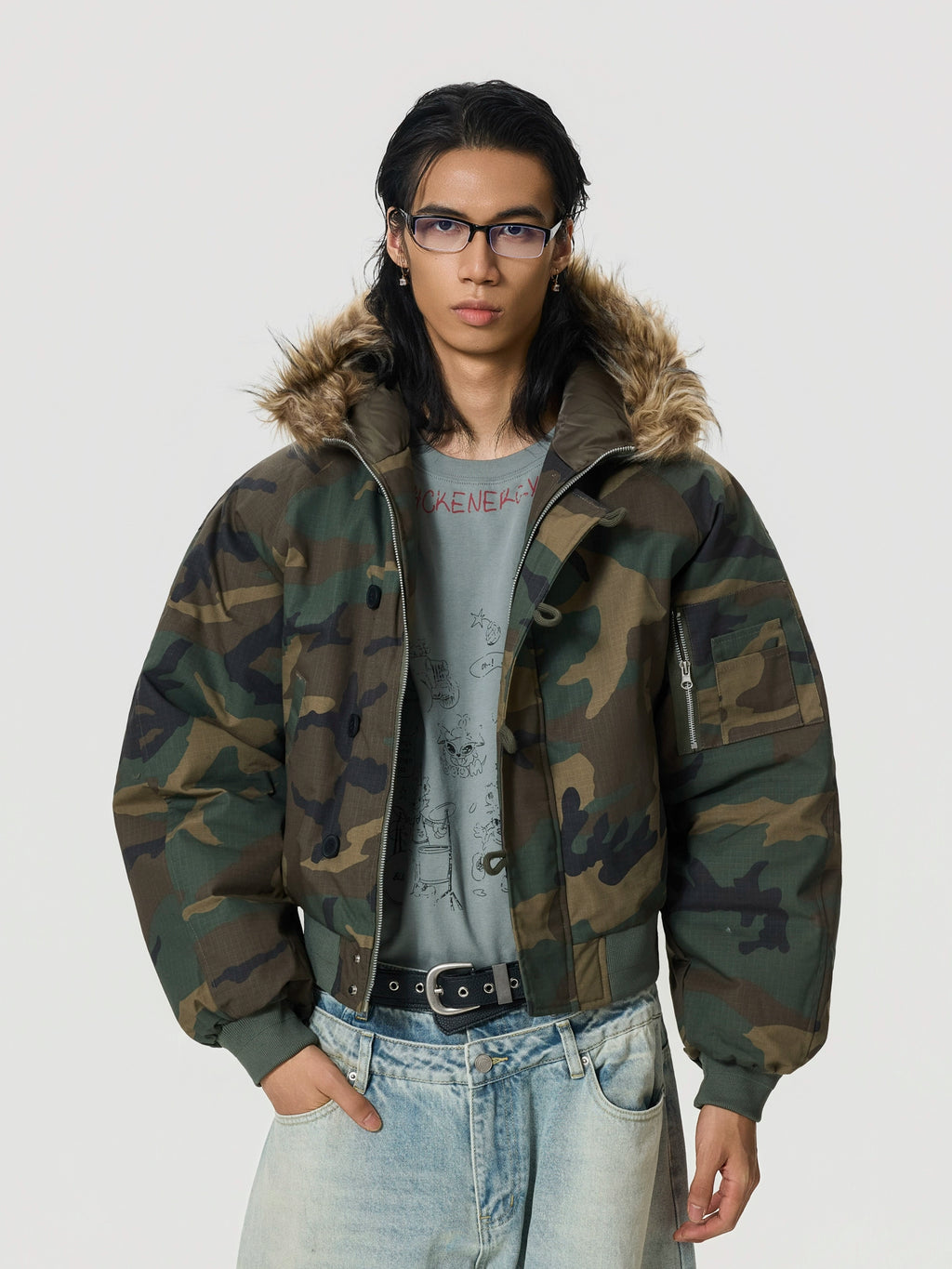 BTSG Camouflage Fur Collar Zip Jacket Cotton