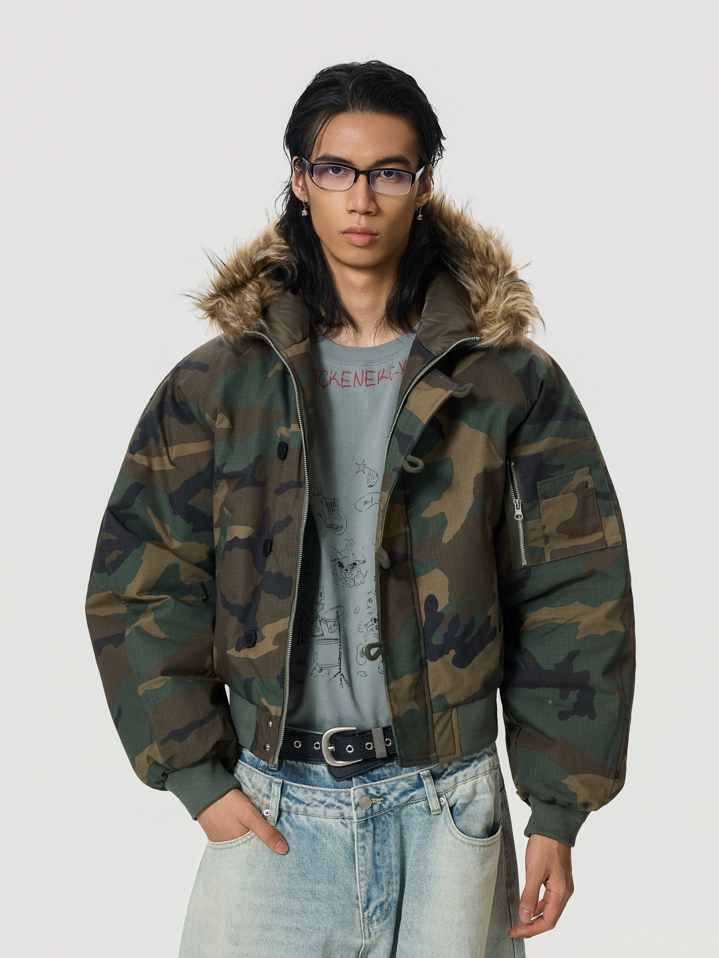 BTSG Camouflage Fur Collar Zip Jacket Cotton