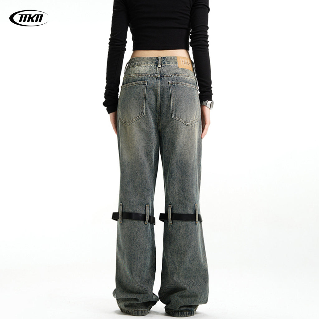 11KN Retro Jeans Stitching Flared Loose Wide-leg Jeans