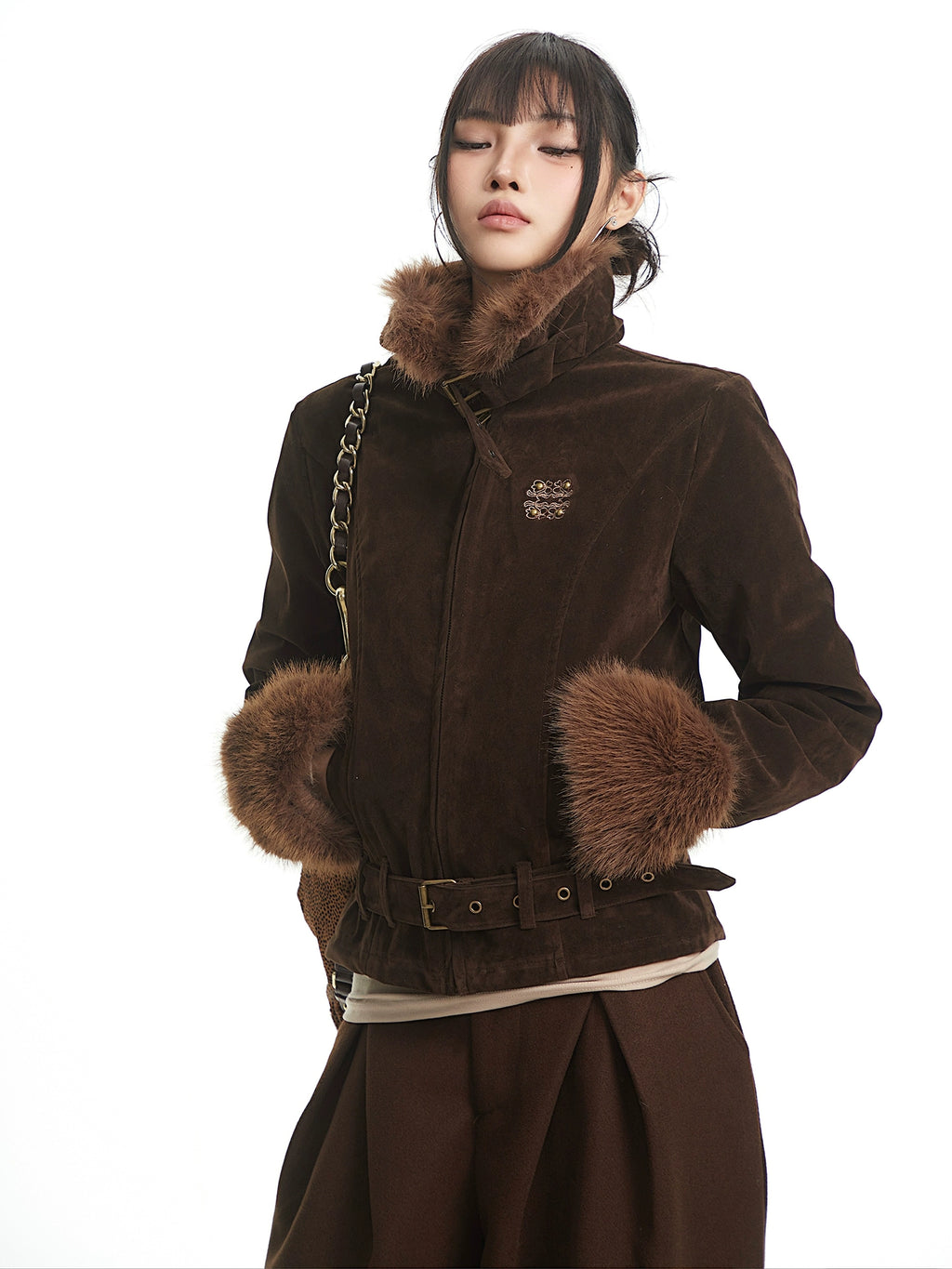UNCMHISEX Vintage Fur Collar Stitched Deerskin Velvet Cotton Suit