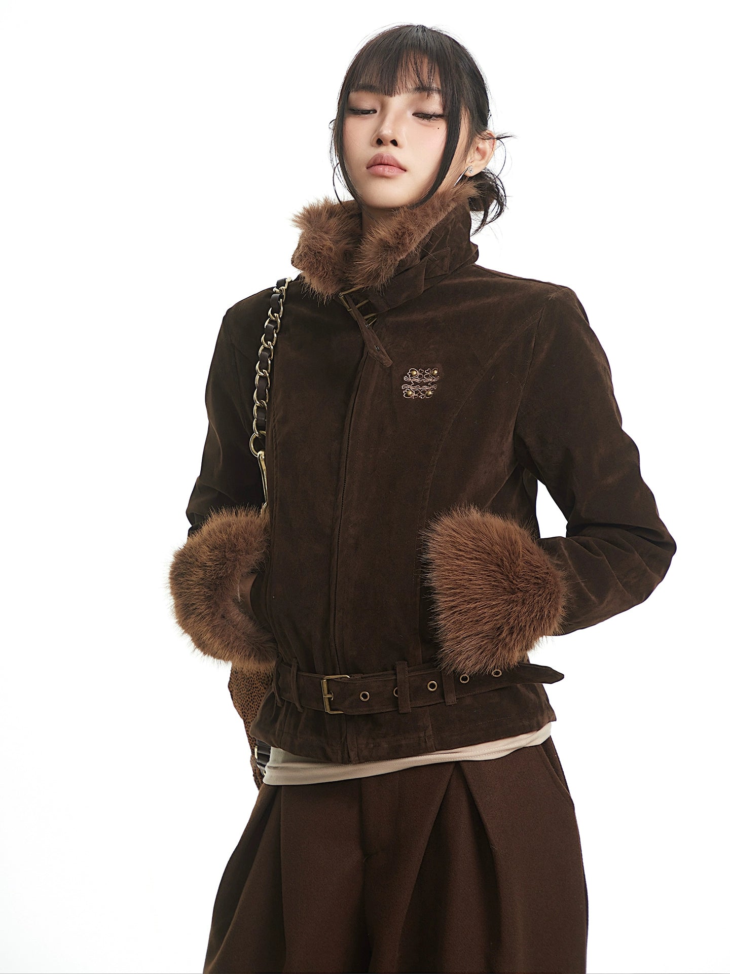 UNCMHISEX Vintage Fur Collar Stitched Deerskin Velvet Cotton Suit