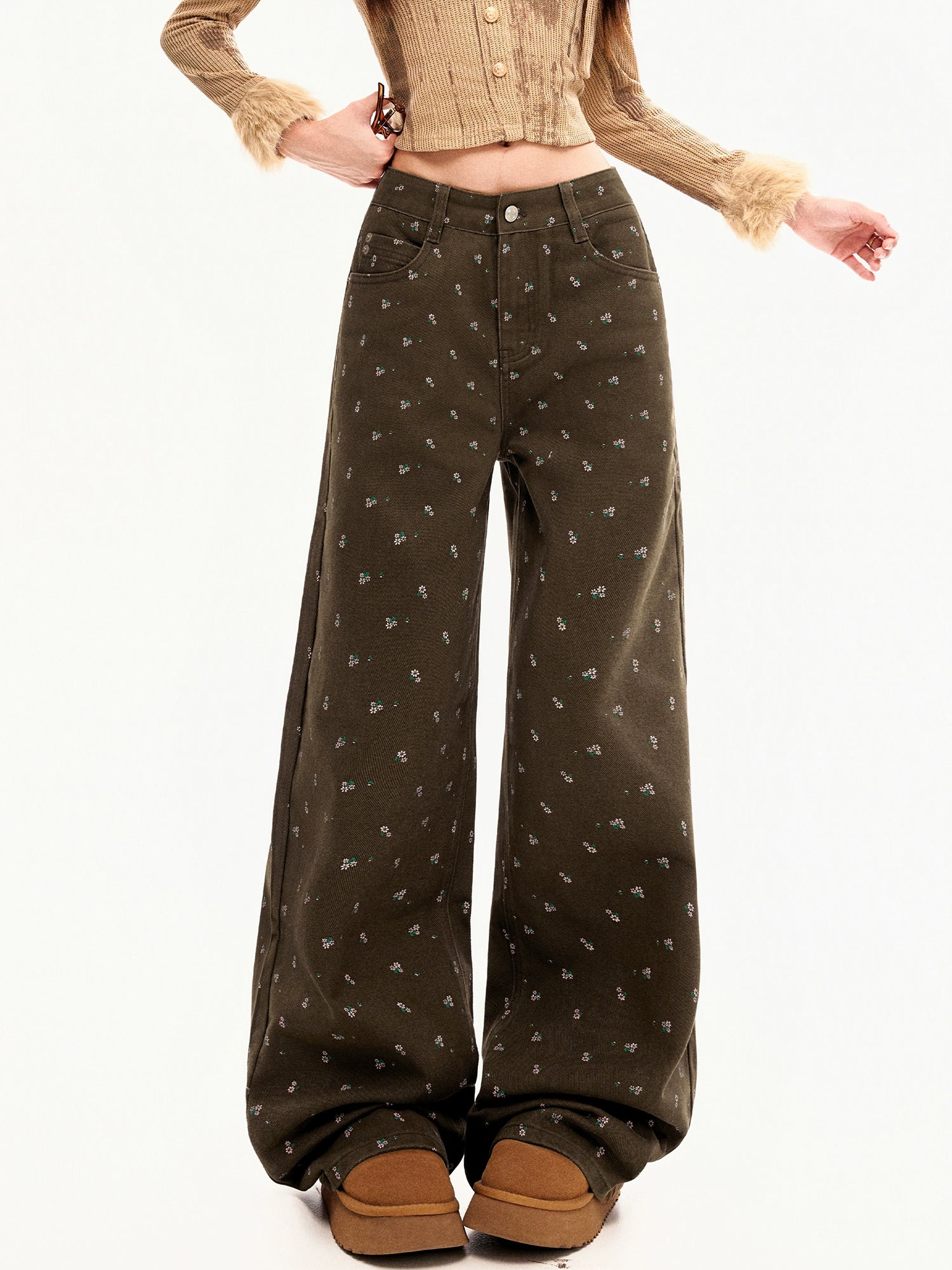 ZAVK Retro Floral Wide-leg Jeans