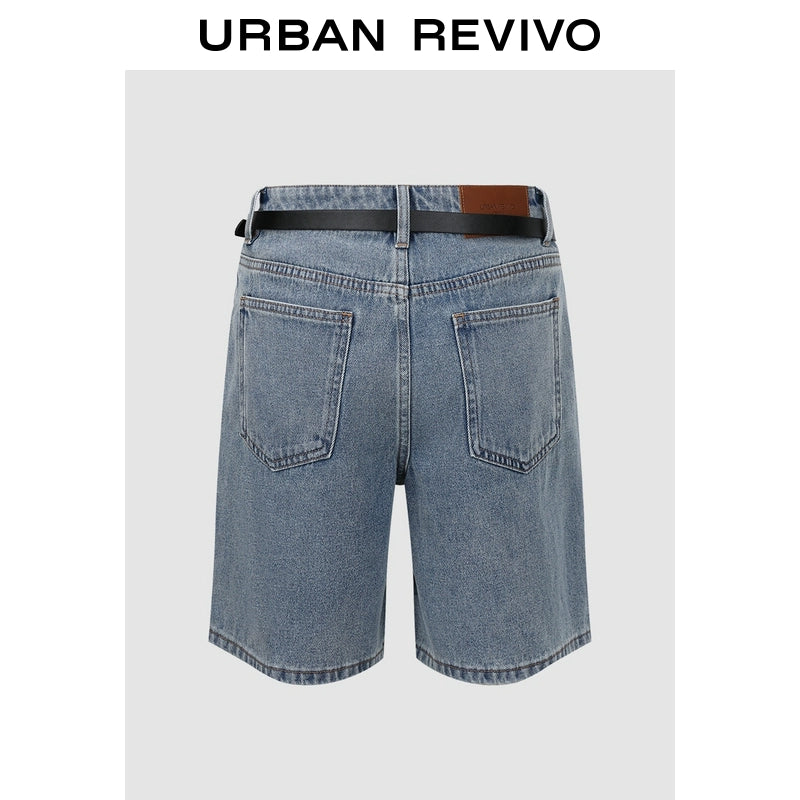 URBAN REVIVO Retro Cat Whisker Washed Belt Denim Shorts