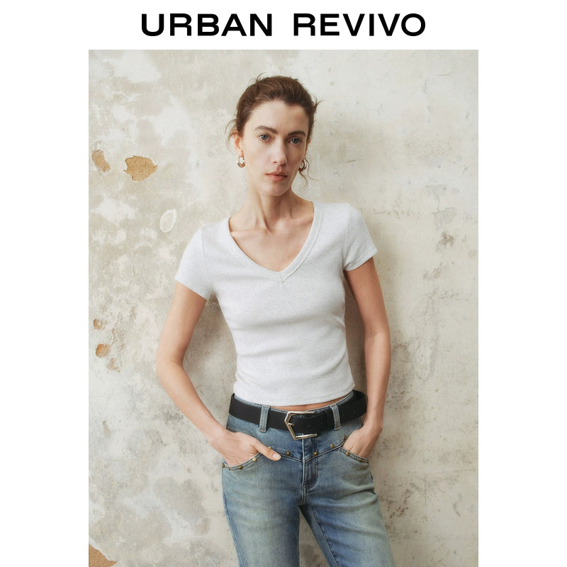 URBAN REVIVO Slim Short V-Neck Short Sleeve T-Shirt