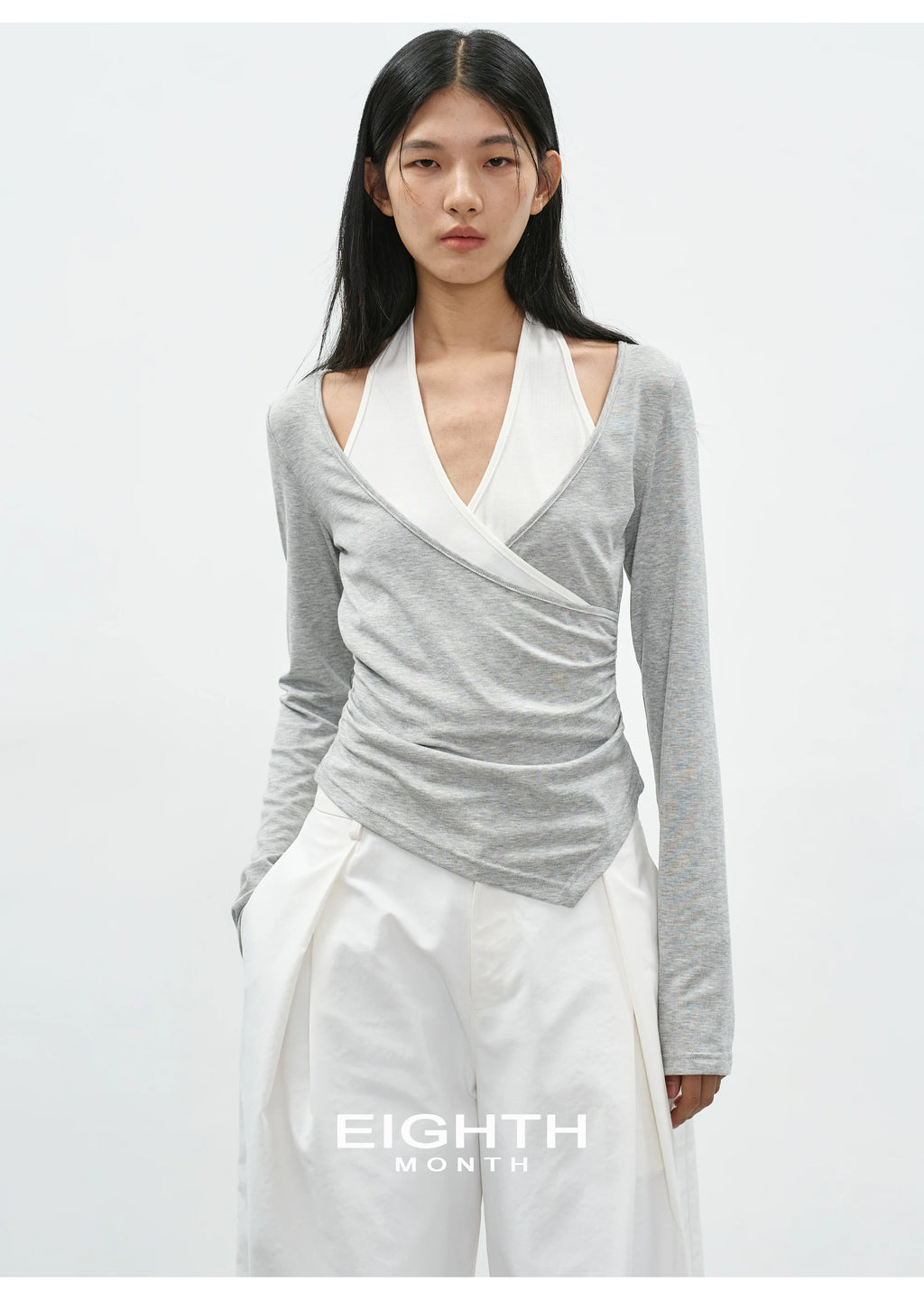 EIGHTHMONTH Splicing Fake Two Pieces Neck Long Sleeves