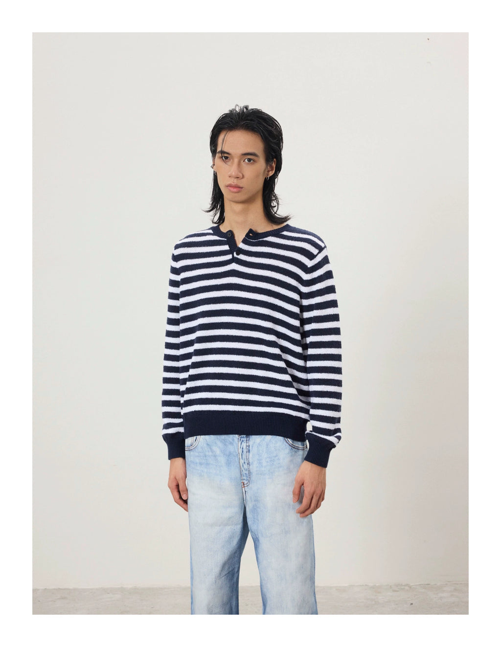 BTSG Lazy Wind Slack Striped Henry Neck Long Sleeve Knitted Sweater