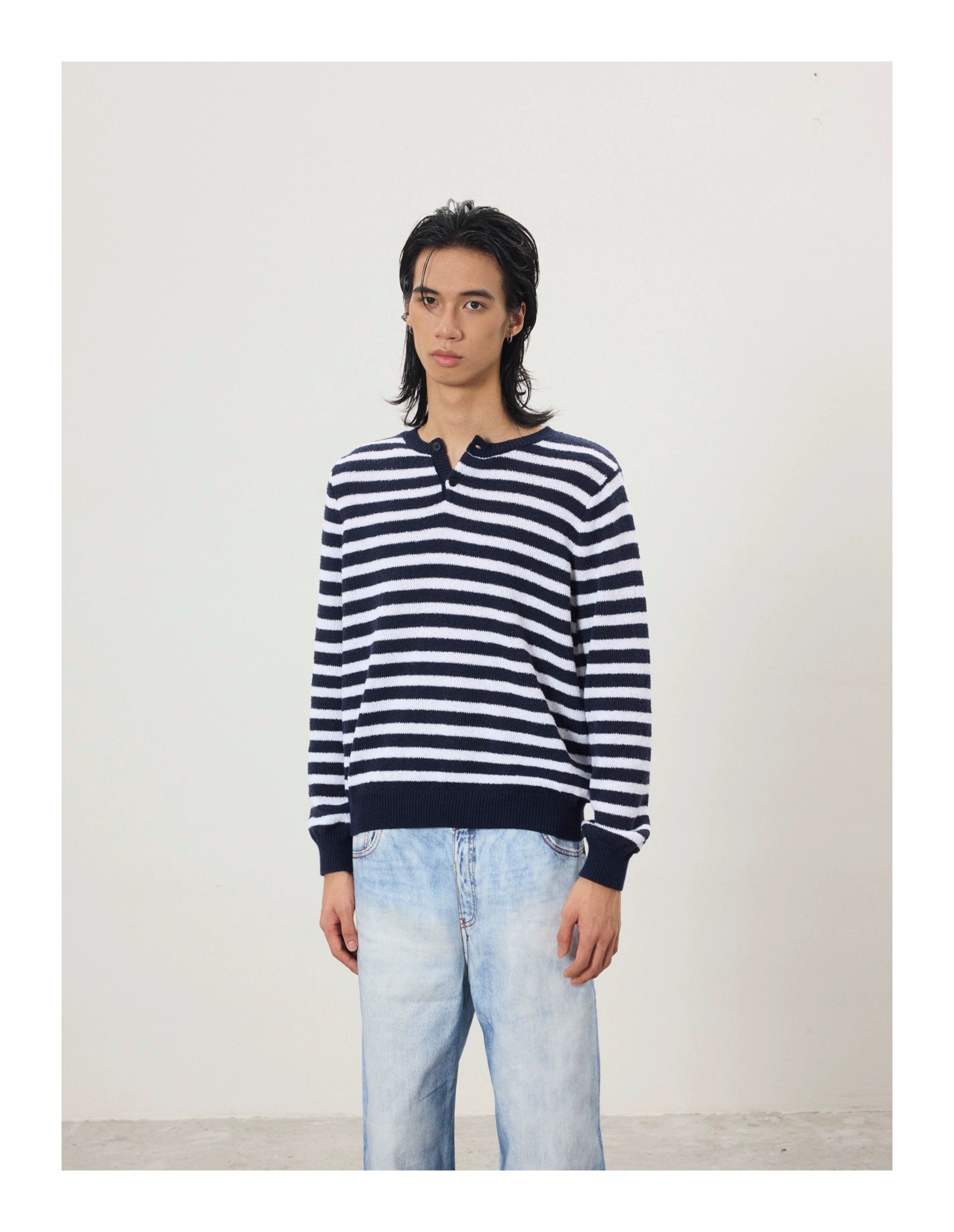 BTSG Lazy Wind Slack Striped Henry Neck Long Sleeve Knitted Sweater