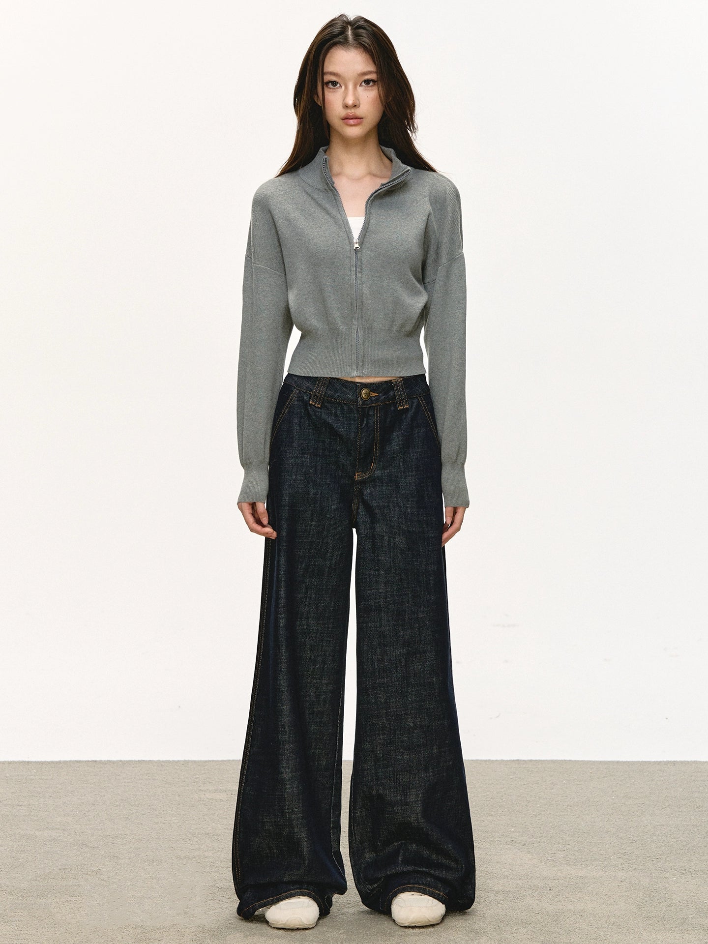 Anna Aneae Knitted Short Stand-up Neck Zip-up Jacket