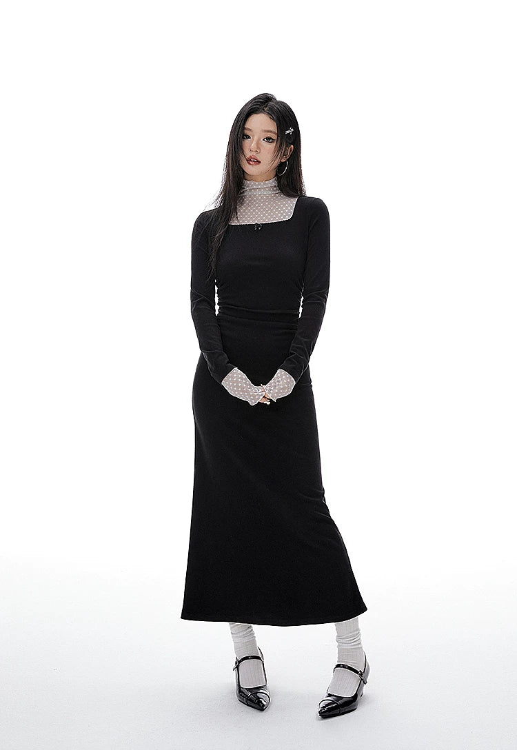 Imone Fake Two-piece Pleated Waist Mesh Splicing Dress