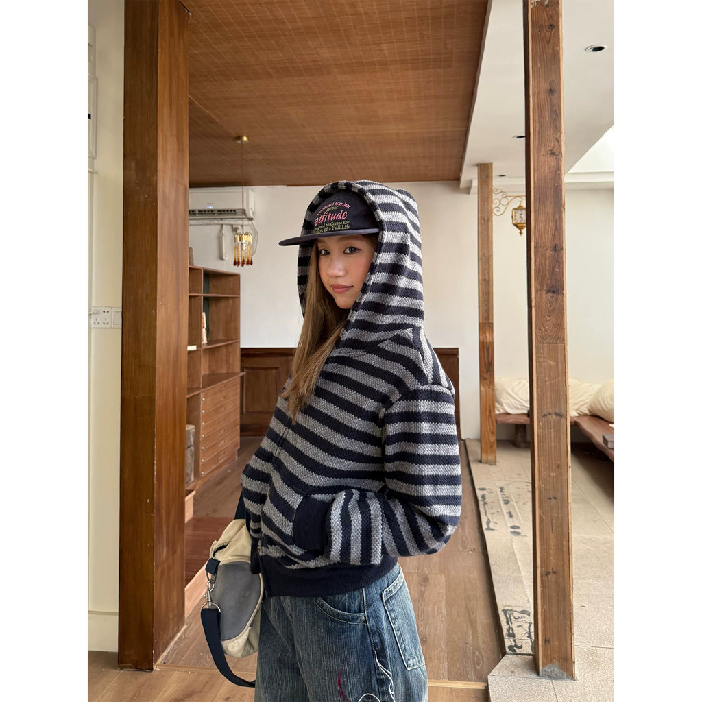 CCYE Vintage Knitted Striped Hooded Sweater Jacket