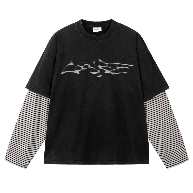 CoosRetro Phantom Print Washed Fake Two-piece Long Sleeve T