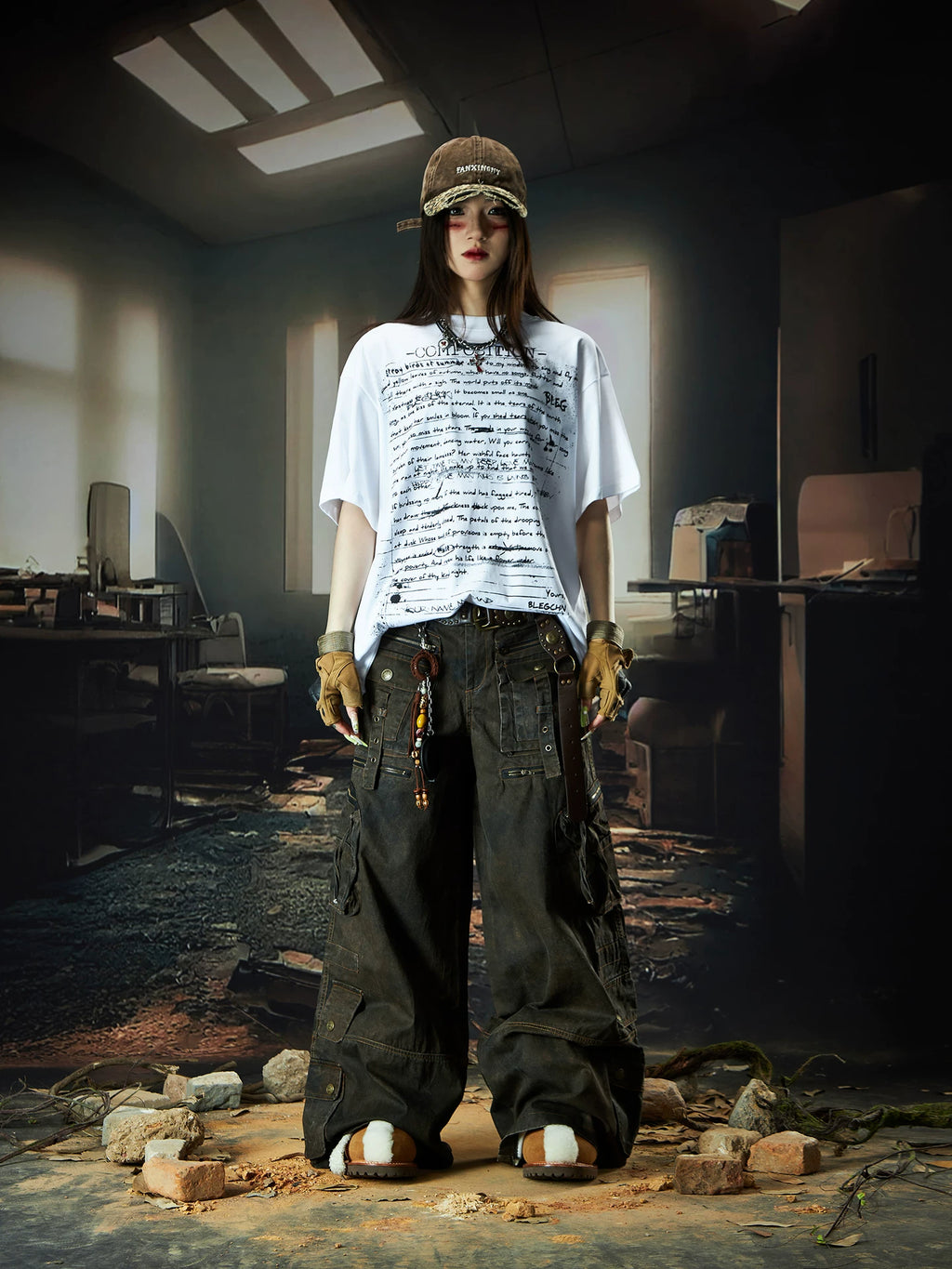 NOMANIAI Multi-pocket Streamer Zipper Splicing Layered Casual Pants