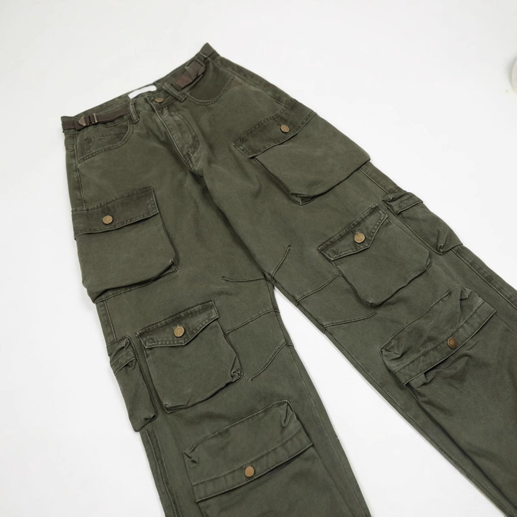 11KN army straight multi-pocket wide-leg pants