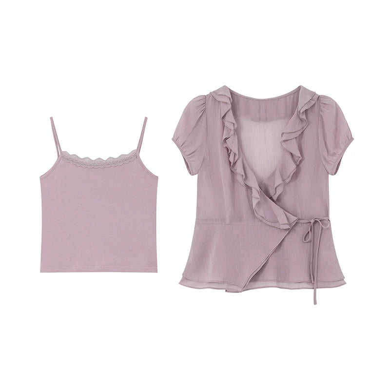 KANO Ruffle Edge Oblique Strap Lace Fashion Suit