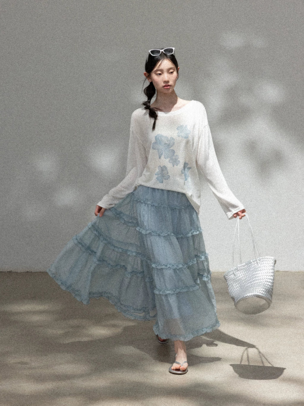 Cantonstory Lazy Crew Neck Thin Long Sleeve Skirt Set