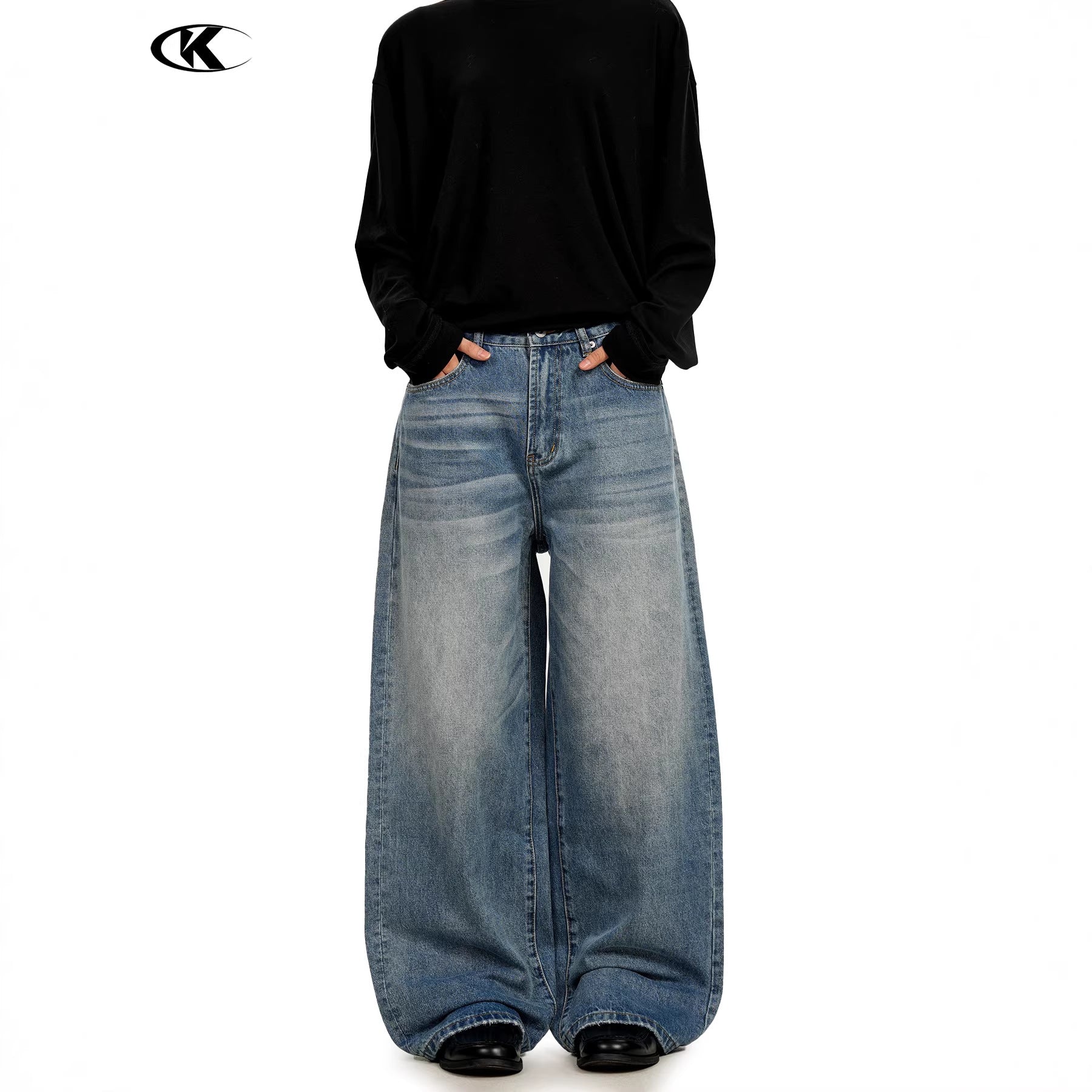 11KN retro washed blue straight wide-leg jeans pants