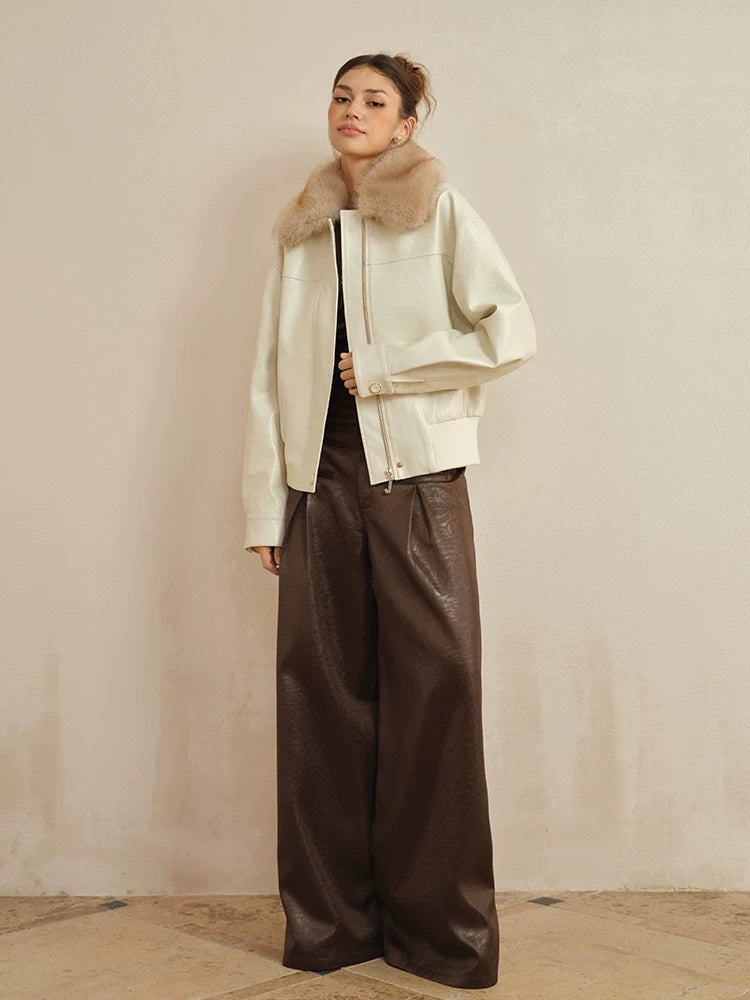 J TheChosen Satin Leather Double-pleated Loose Wide Leg Pants