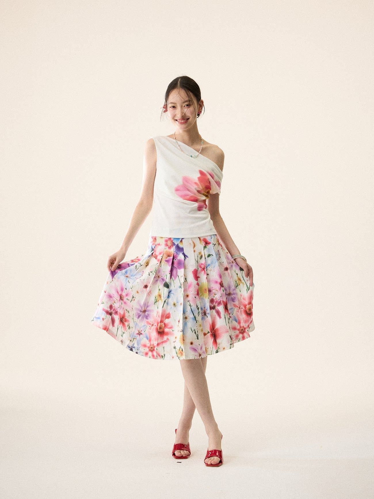 LOUMUTAKU Full Print Floral Pleated Skirt Skirt