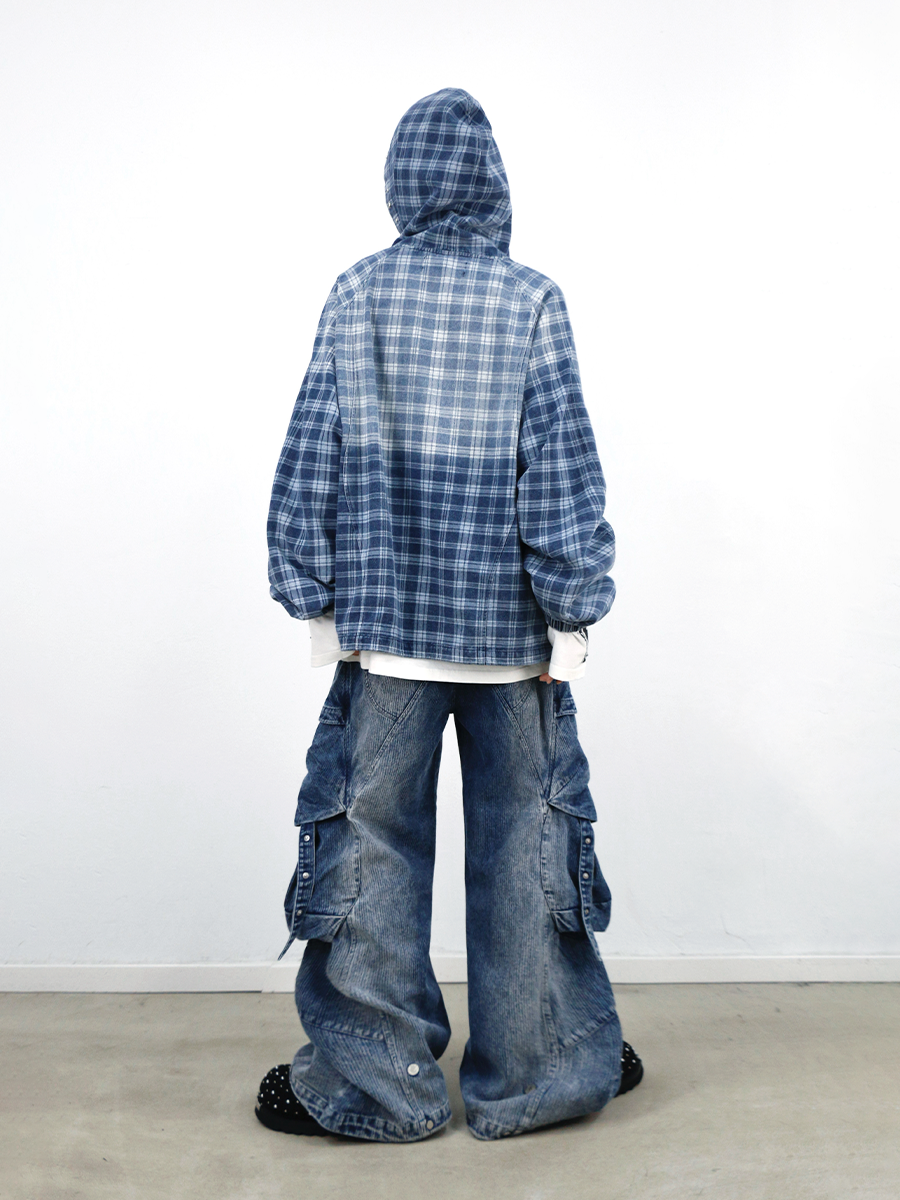 RELABEL Bump Studs Gradual Change Plaid Hooded Denim Sweater