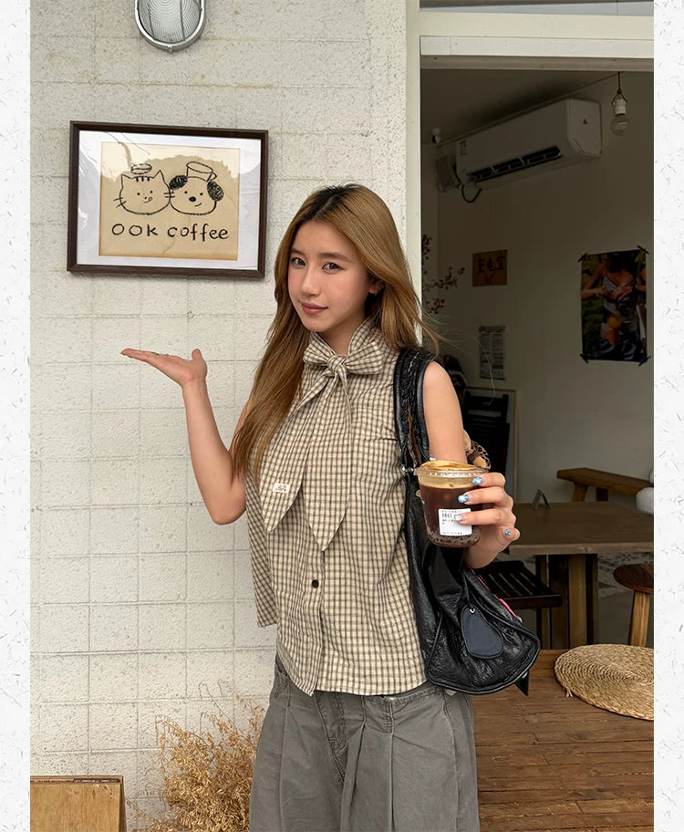 CCYE Bow Plaid Sleeveless Shirt