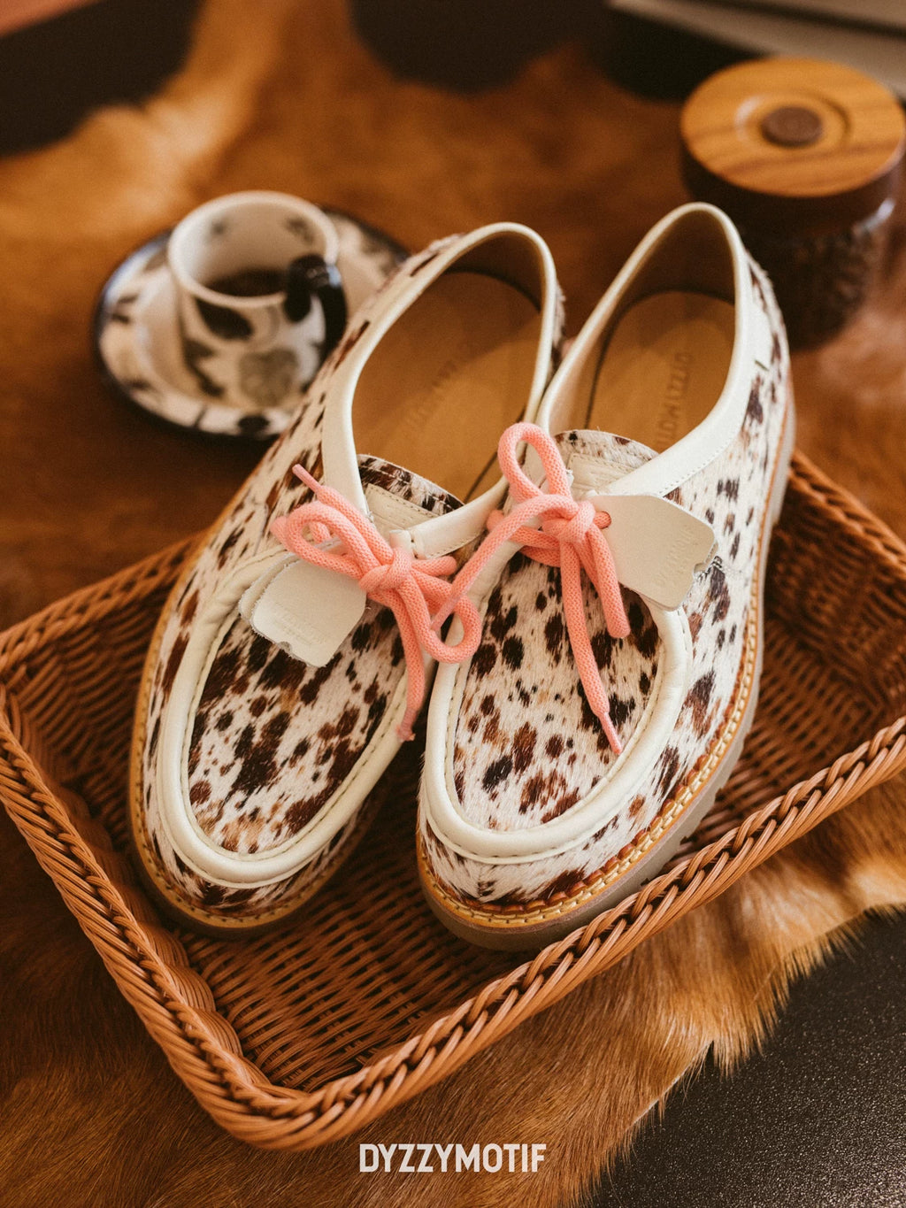 DYZZYMOTIF Cow Print Hair-On Leather Lace-Up Boat Shoe
