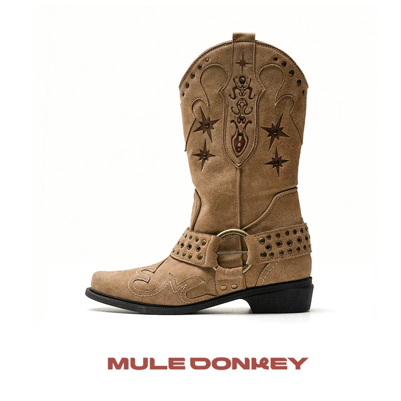 Donkey Vintage V-Mouth Pointed Embroidered Medium Boots
